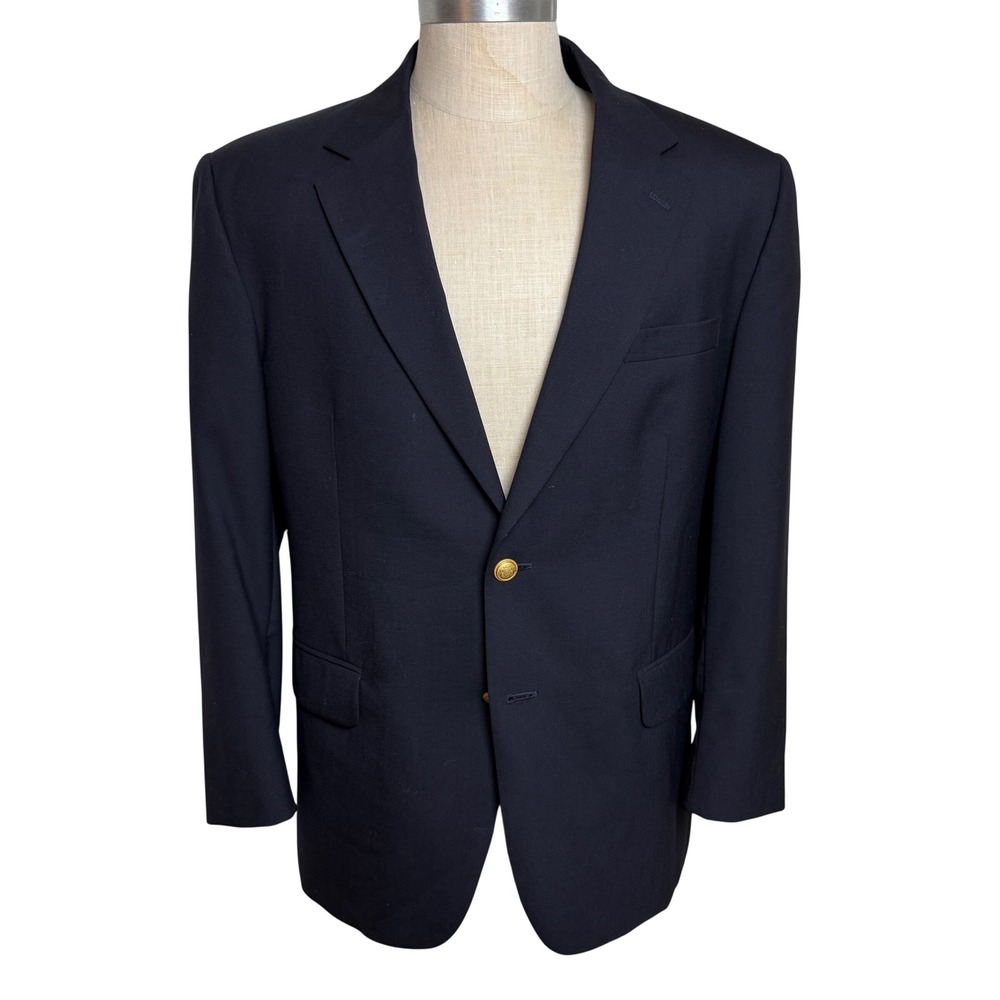 Jos. A. Bank Mens 42S Navy Blue 100% Wool Blazer Gold Crest Button Sport Coat
